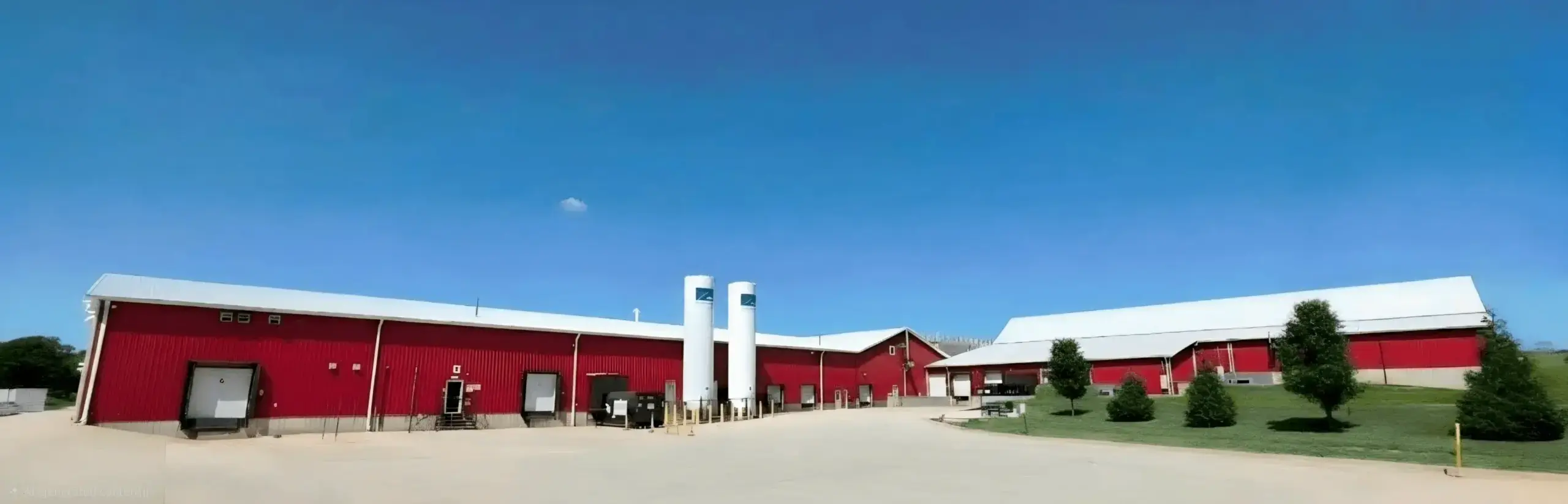 Old Souls Farms red warehouse facility exterior with refrigerated transport trucks and storage tanks in Saint Paris, Ohio